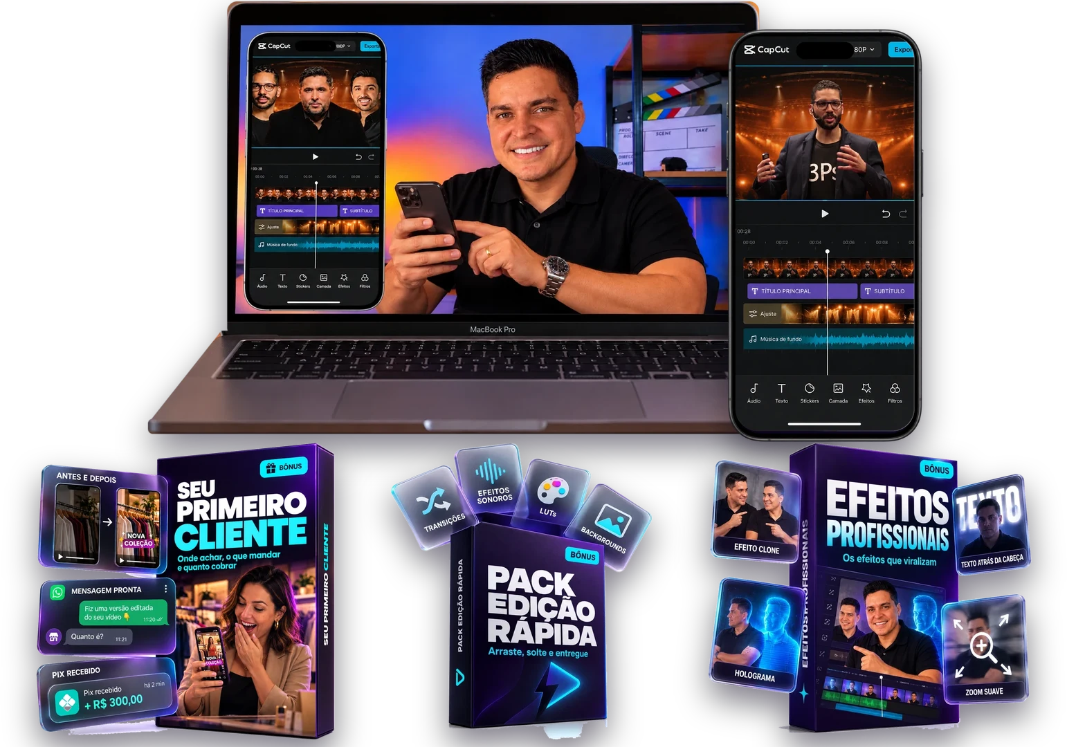 Curso no notebook e no celular, com os bônus Seu Primeiro Cliente, Pack Edição Rápida e Efeitos Profissionais